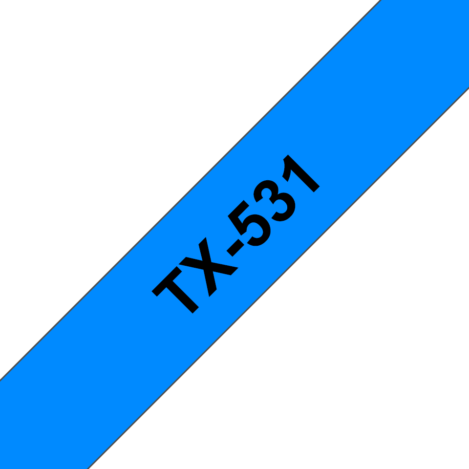Alkuperäinen Brother TX-531-tarranauha, musta teksti sinisellä pohjalla.